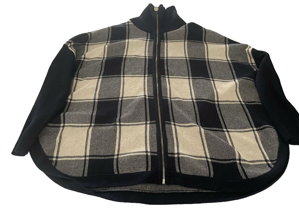 Anne Klein Women's Plaid Long Sleeve Full Zip Sweater Size-XL